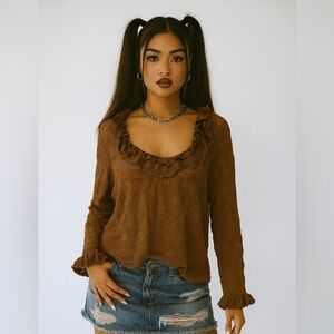 Oscar by Oscar De Larenta Brown Lace mesh Top blouse scoop neck ruffle trim XL